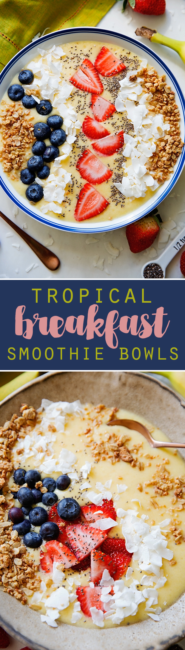 Tropical Breakfast Smoothie Bowls - Loaded with nutrition and easy to make! #smoothie #smoothiebowl #tropicalsmoothie | Littlespicejar.com