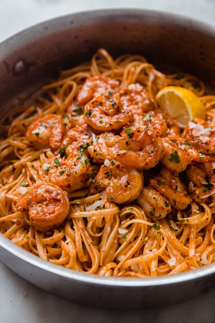 close up of Calabrian chili pasta with shrimp