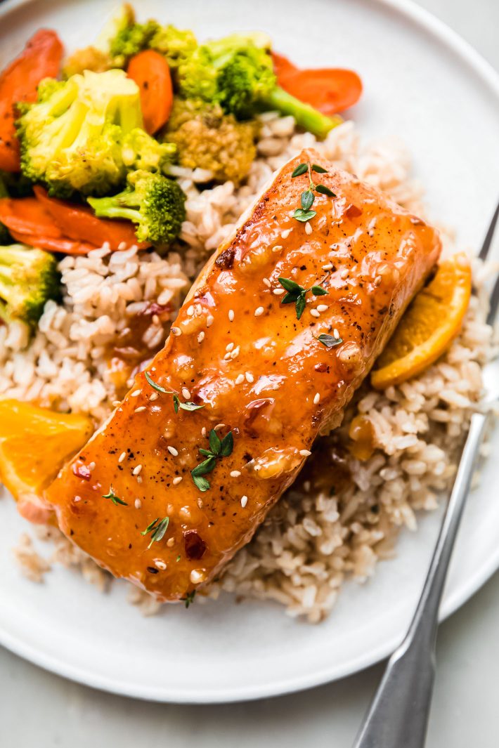 salmon over rice with veggies