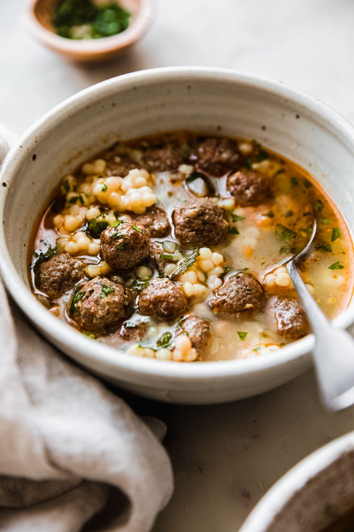 pearl couscous and meatball soup