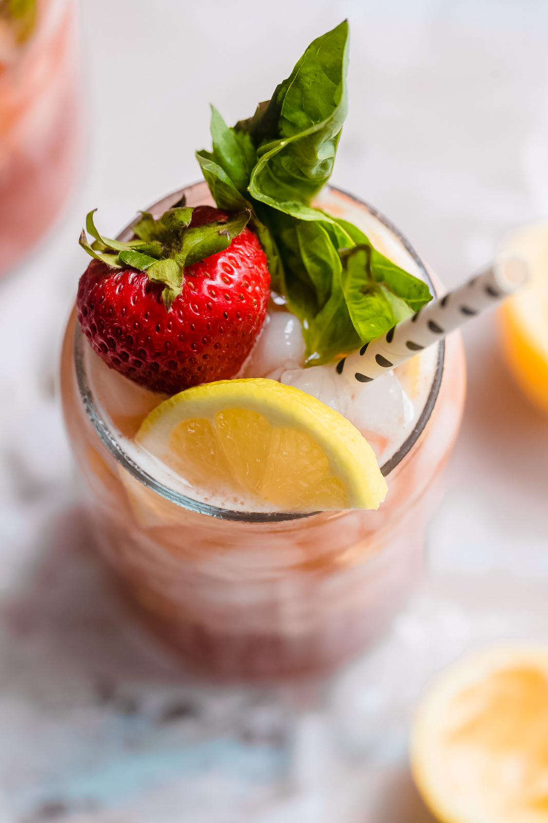 close up of strawberry basil lemonade