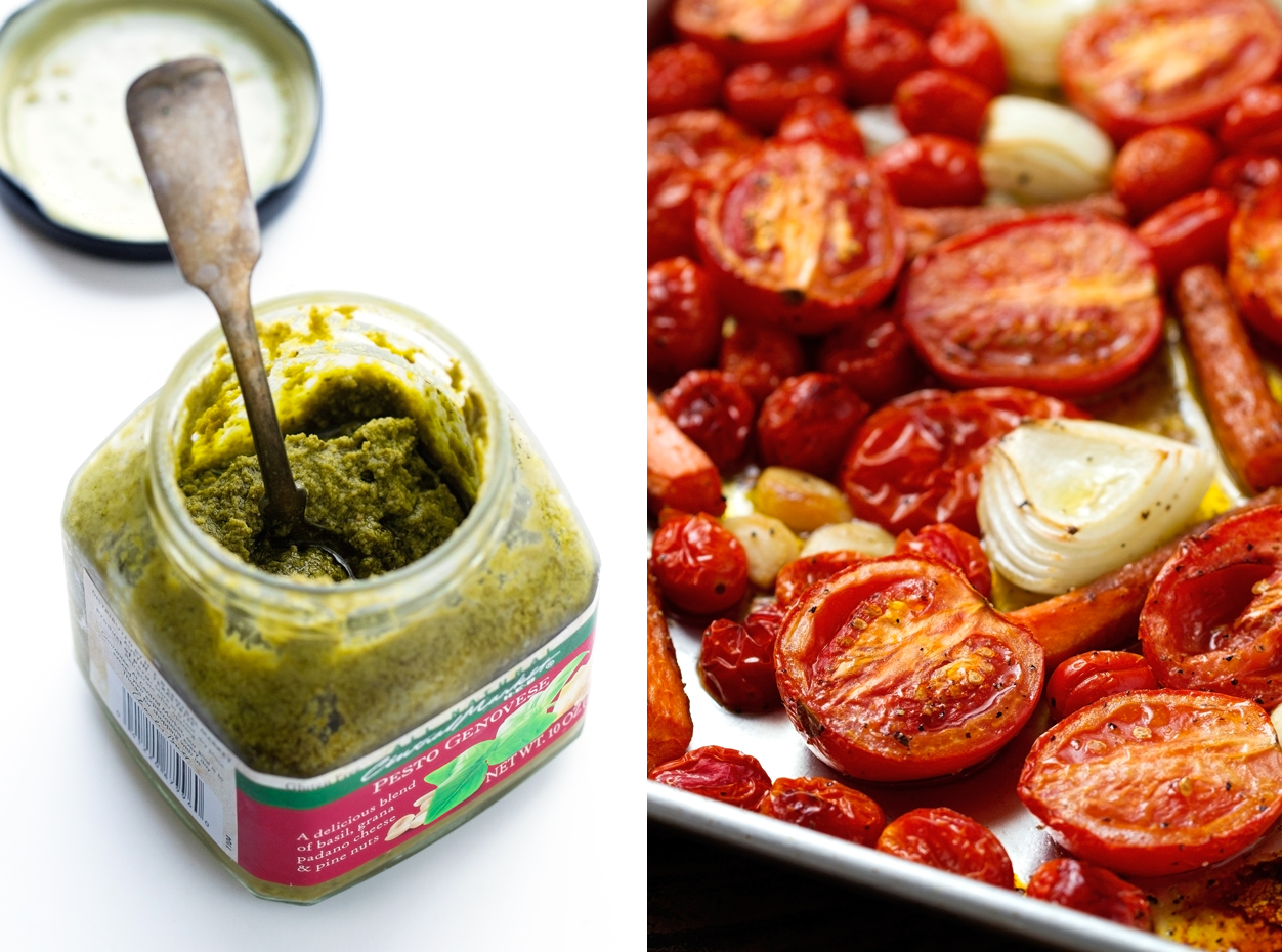picture collage of basil pesto on one side and roasted veggies on the other side