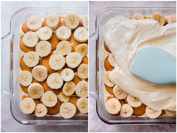 layering banana pudding with wafers, bananas, and adding vanilla pudding on top