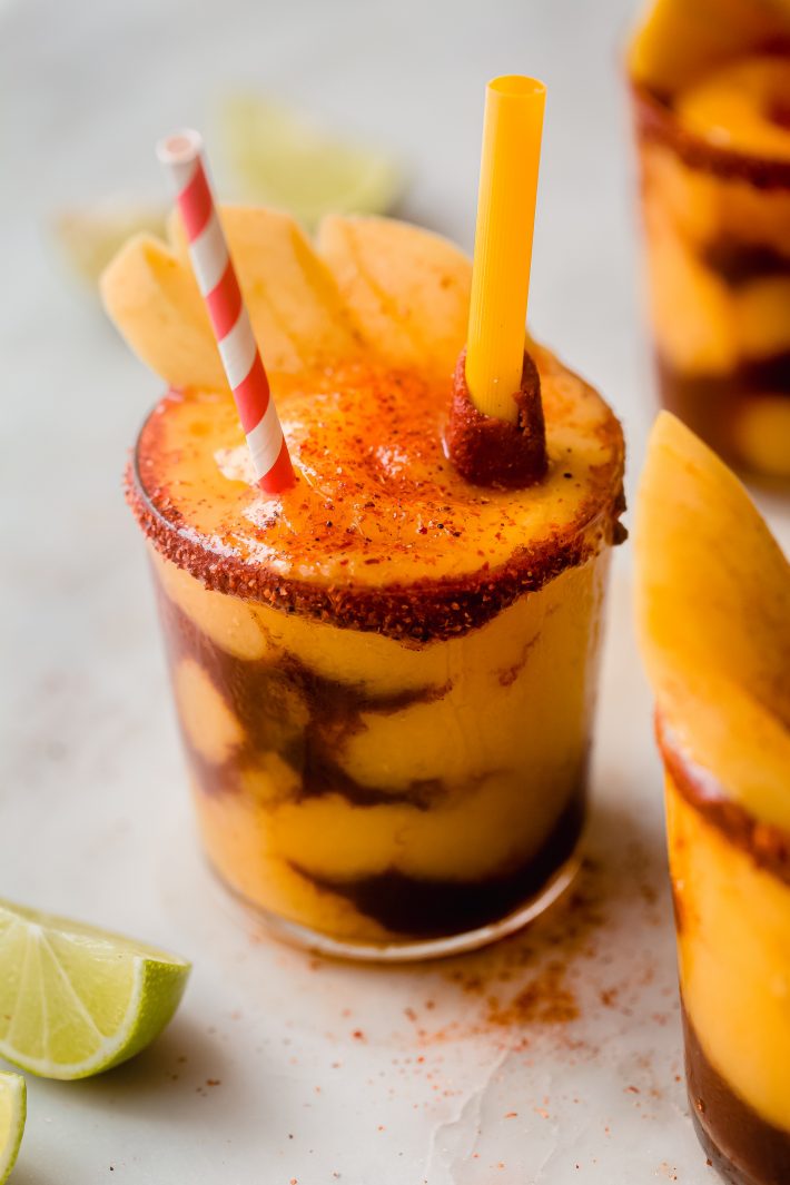 mangonada layered with chamoy in clear glass