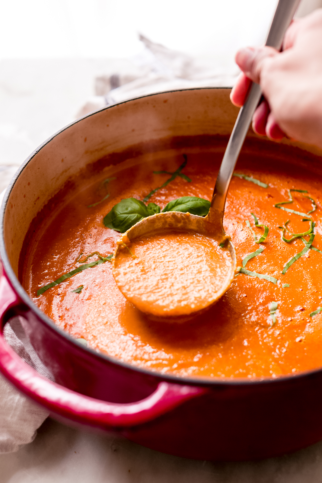 steaming pot of tomato basil soup with a hand lifting a ladleful