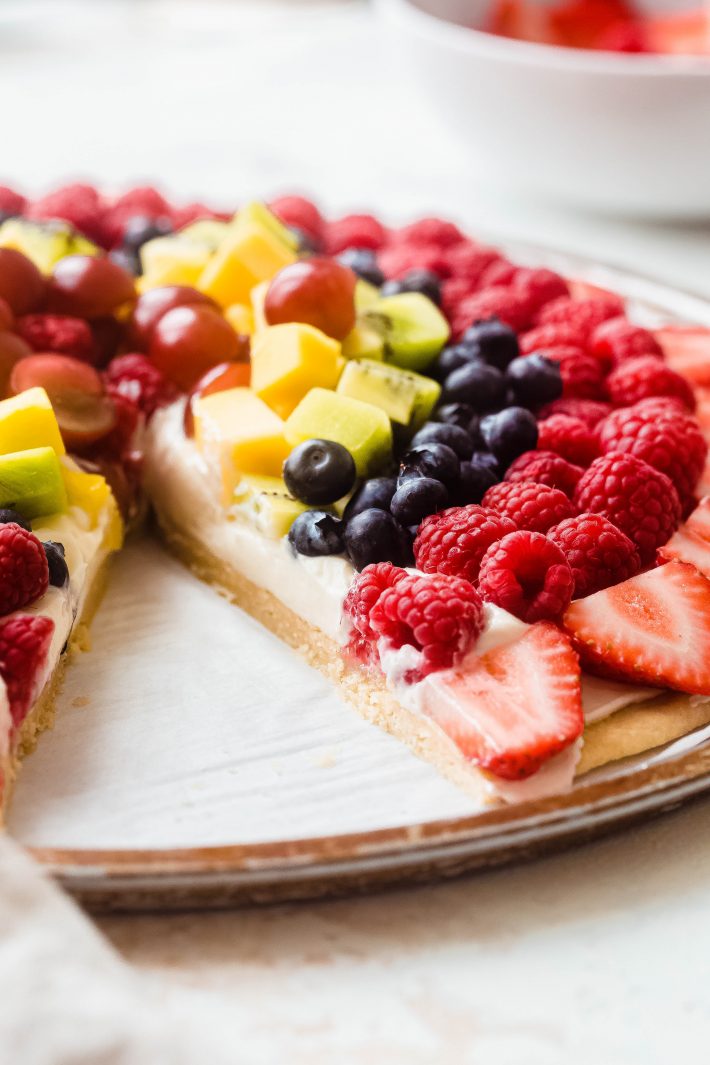showing texture of sugar cookie base on fruit pizza