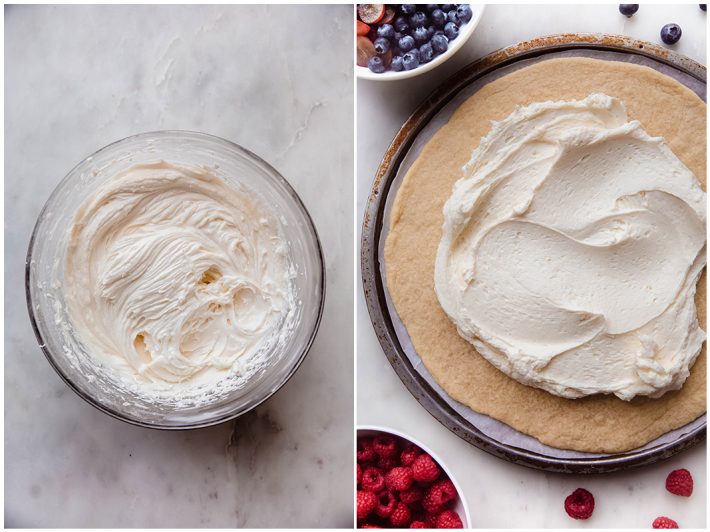whipped cream cheese icing and iced sugar cookie crust